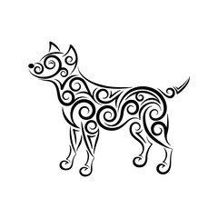 Openwork smiling dog silhouette made of separate lines, spirals and swirls. Symbol of the year 2018. Black and white, easy to recolor. Vector illustration.