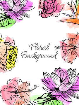Vector drawn vertical background with isolated hand drawn exotic flowers on watercolor background. Tropical collection.