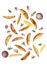 Fototapeta premium Slices of baked potato, rosemary, garlic and lemon on a white background..