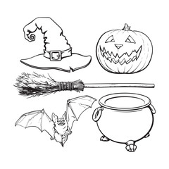 black and white witch accessories - pointed hat, caldron, jack o lantern, broom, bat, Halloween decoration elements, sketch vector illustration isolated on white background.