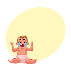 Front view portrait of cute little baby kid, infant, child in diaper sitting and crying hard, cartoon vector illustration with space for text. Crying little kid, baby, infant in diaper