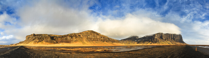 180 degree panoramic view on the mountain ridge Lomagnupur in the volcanic landscape of Iceland