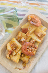 paccheri with prawns and cherry tomatoes