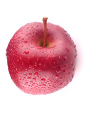 Red apple on a white background with droplets