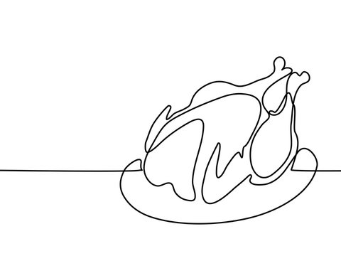Continuous line drawing. Grilled chicken on plate. Vector illustration black line on white background.