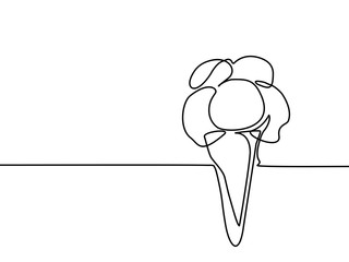 Continuous line drawing. Ice cream in a waffle cup with cherry. Vector illustration black line on white background.