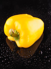 Yellow pepper on a dark background with droplets