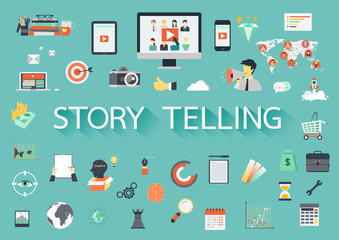 The word STORYTELLING with ling shadow surrounded by concerning flat icons. Vector illustration