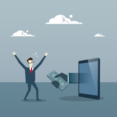 Business Man Getting Money From Digital Tablet Crowdfunding Investment Concept Flat Vector Illustration