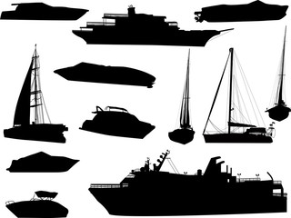 twelve different ship silhouettes isolated on white