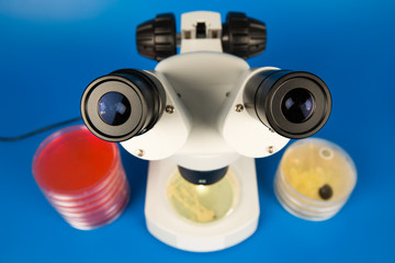 Scientific microscope and petri dishes for scientific research on blue background