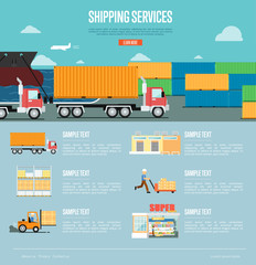 Shipping services infographics in flat style. Maritime and air freight shiping, warehousing and storage logistics, retail distribution and goods delivery. Worldwide business vector illustration.