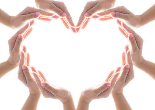 Heart shape woman people's hand collaboration isolated on white background for humanitarian aid, cooperation, donation and support concept