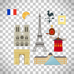 France flag and Paris landmarks icons