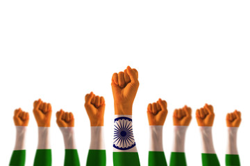 India national flag pattern on leader's fist isolated on white background (clipping path) for Indian Independenceday, human equal rights, labor day concept