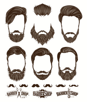 Hairstyle and beard hipster fashion, Barbershop Emblems set vector illustrations