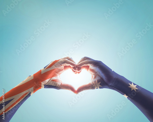 Australia national flag  on people hands in heart shape isolated on sky background for labour day and national holiday celebration