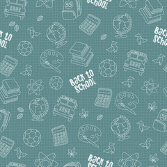 Back to school seamless pattern featuring school life objects and supplies. White line on blue background