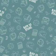 Back to school seamless pattern featuring school life objects and supplies. White line on blue background
