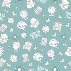 Back to school seamless pattern featuring school life objects and supplies on blue background
