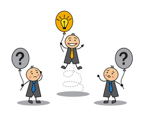 Several businessmen with balloons. One with a bright yellow ball and a picture of a lightbulb took off. Other businessmen with gray balloons look up in surprise