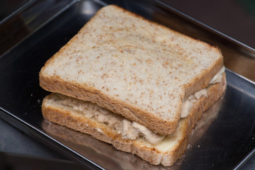 Closeup delicious thai breakfast healthy fresh bread with tasty sweet pork floss