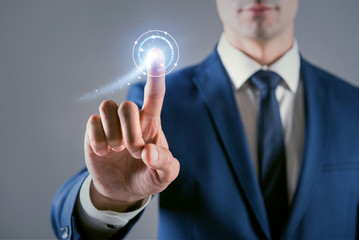 Man is working with transparent display