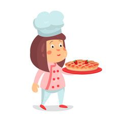 Cute cartoon little girl chef character with strawberry pie cake vector Illustration