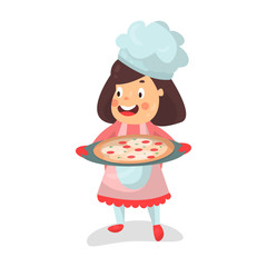 Cute cartoon smiling little girl chef character holding a pizza in a cooking tray vector Illustration