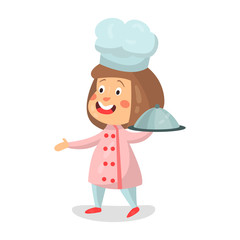 Cute cartoon smiling little girl chef character holding cloche platter vector Illustration