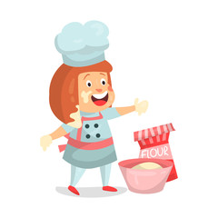 Cute cartoon little girl chef character baking vector Illustration