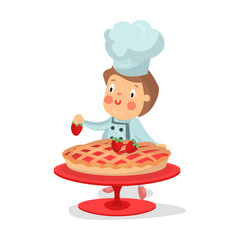 Cute cartoon little boy chef character baking strawberry cake vector Illustration