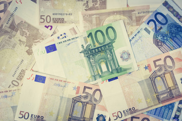 Money, Euro currency bills as background - vintage (retro) style color effect