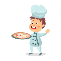 Cute cartoon little boy chef character holding a pizza in a cooking tray vector Illustration