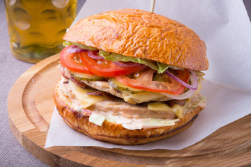Hamburger on a wooden board
