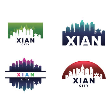 Cityscapes Skylines of Xian City Silhouette Logo Template Collection