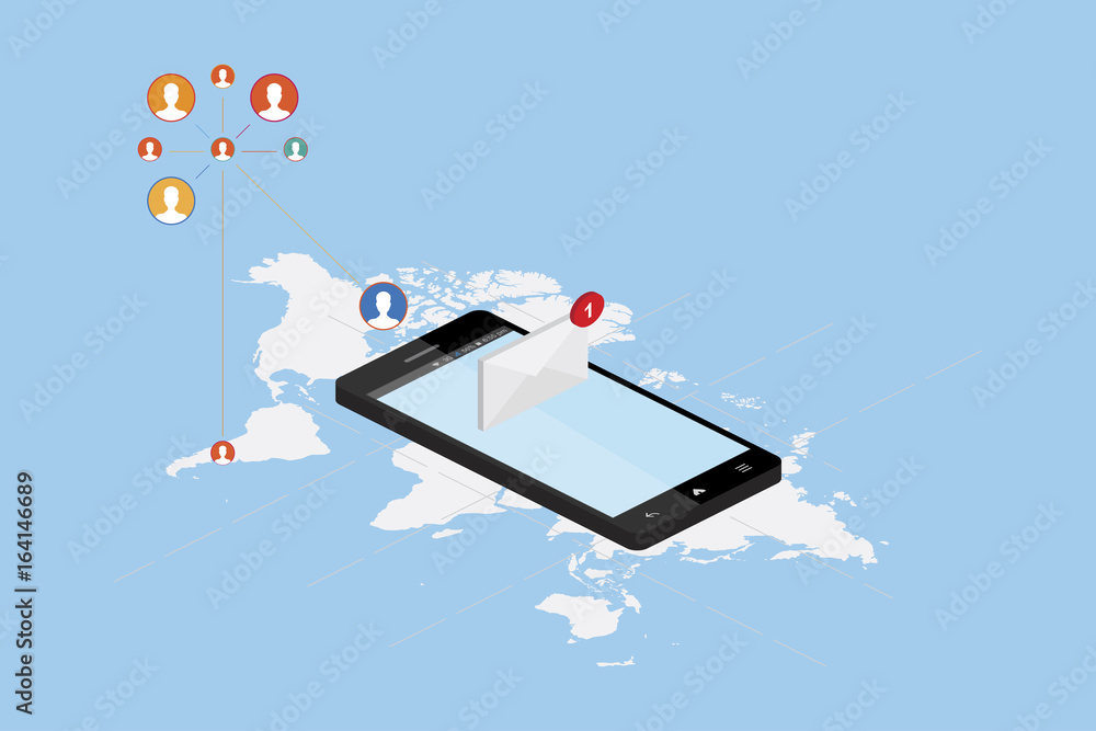 Poster 3d isometric concept. new message notification icon in smartphone against the background of the worl