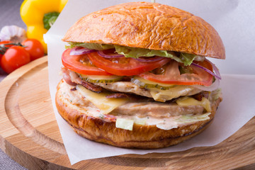 Hamburger on a wooden board