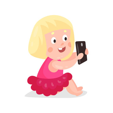 Cute cartoon blonde girl sitting on a floor and playing with smartphone colorful character vector Illustration