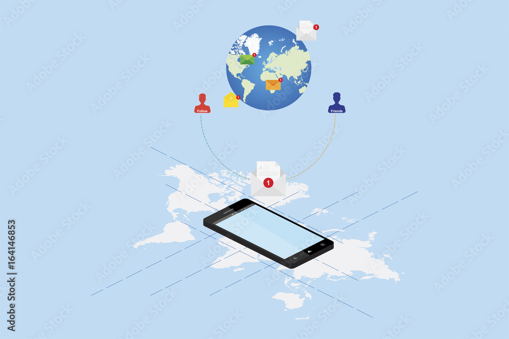 Poster 3d isometric concept. new message notification icon in smartphone against the background of the worl