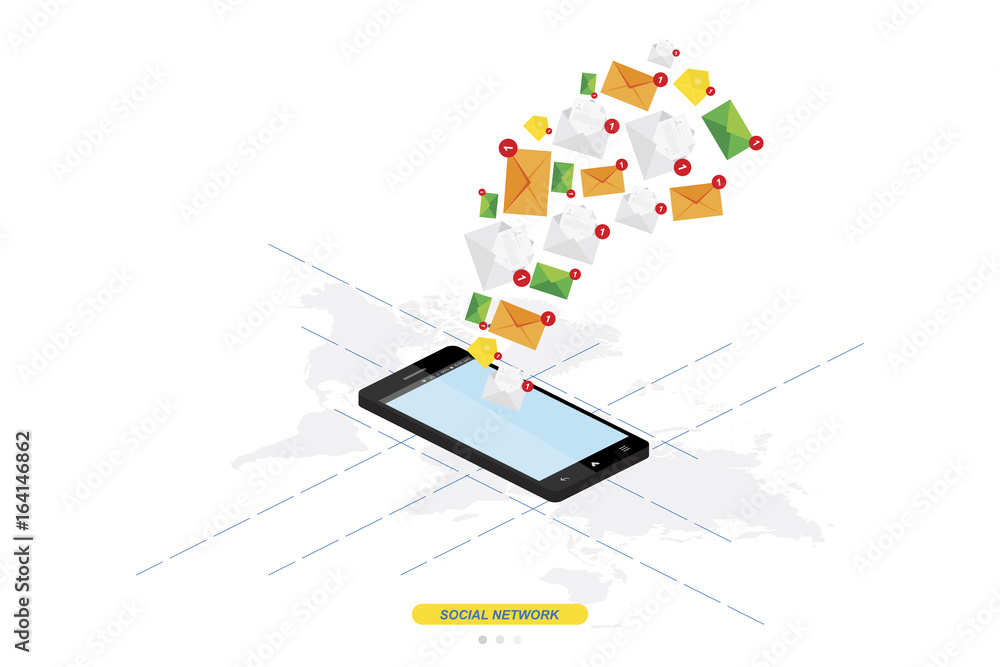 Poster 3d isometric concept. new message notification icon in smartphone against the background of the worl
