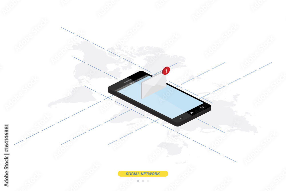 Poster 3d isometric concept. new message notification icon in smartphone against the background of the worl