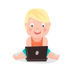 Cute cartoon toddler boy sitting on the floor and playing using laptop colorful character vector Illustration