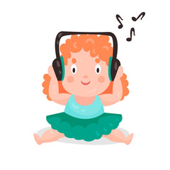 Cute cartoon little girl sitting and listening music with headphones colorful character vector Illustration