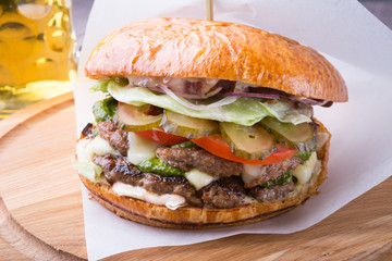 Hamburger on a wooden board