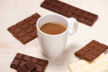 Glass of chocolate milk and variety chocolates  on table