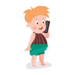 Cute cartoon redhead toddler boy playing with smartphone colorful character vector Illustration