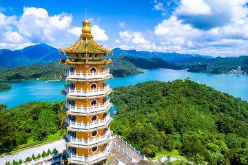 Aerial view of Pa Cien Pagoda in Nantou, Taiwan Pacien pagoda, Sun Moon Lake, Nantou, Taiwan