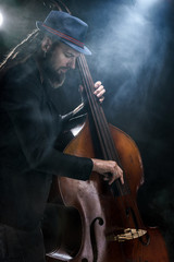The musician plays the double bass.