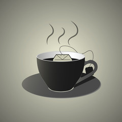 Black cup of tea with teabag icon, flat design in black and white colors